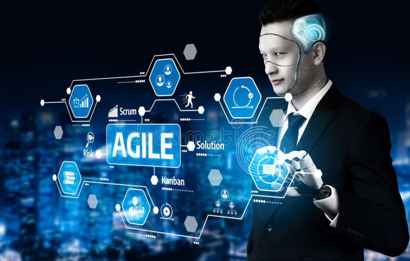 A businessman interacts with advanced technology showcasing the agile methodology digital interfaces represent project management imagen de archivo libre de regalías