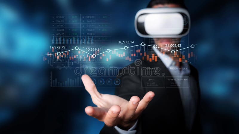 Businessman Using Virtual Reality Headset to Analyze Financial Data and Trends with Digital Charts and Graphs in a stock illustration