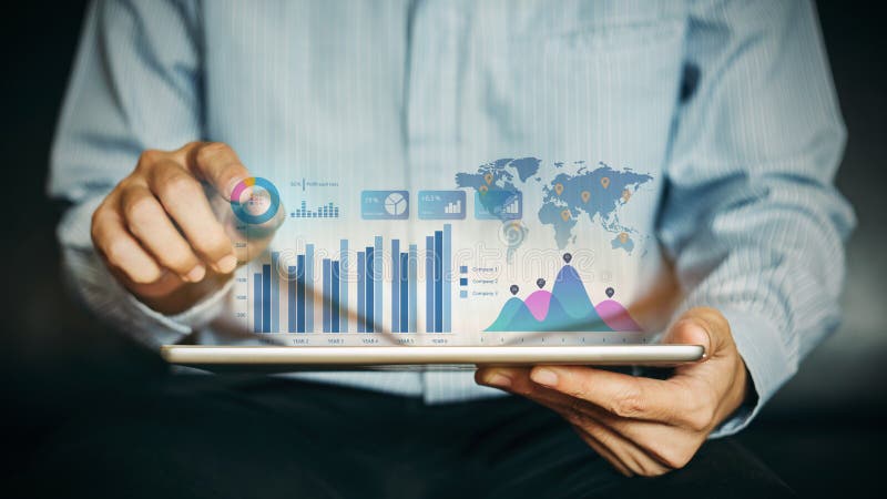 Businessman investment consultant analyzing company financial report balance statement working with digital augmented reality grap stock photo