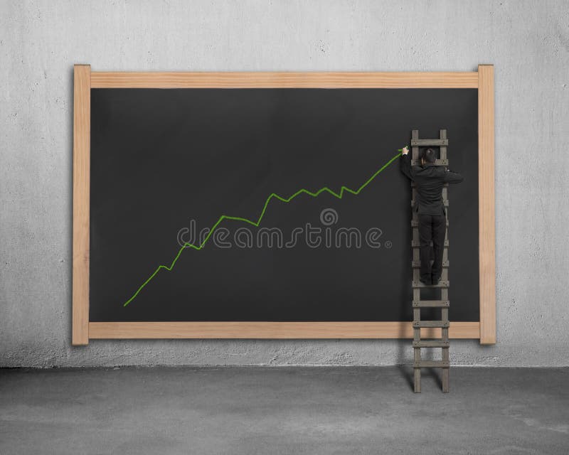 Businessman on ladder drawing growing green arrow trend stock images Businessman on ladder drawing growing green arrow trend stock images
