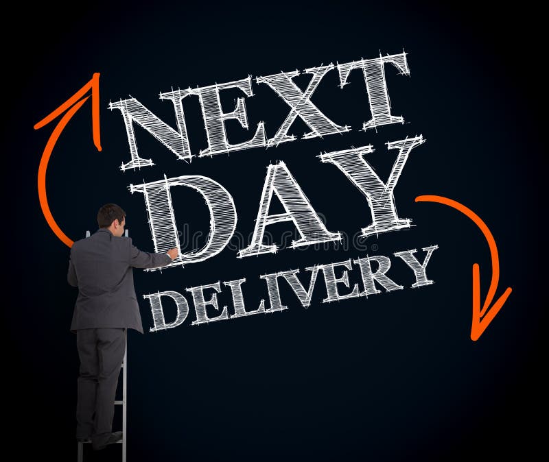 Businessman on ladder writing next day delivery