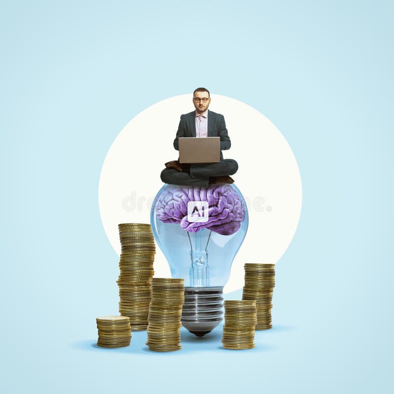 A businessman with a laptop sits on a light bulb with an artificial intelligence icon surrounded by stacks of coins innovation and illustrazione vettoriale