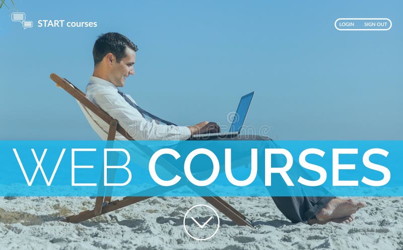 Businessman learning on the beach stock photo