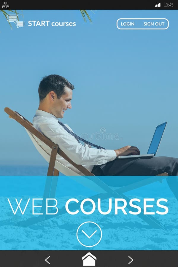 Businessman learning on the beach stock image