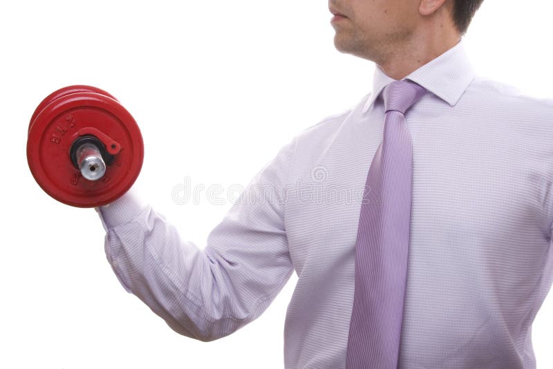 Businessman lifting weights (isolated on white). Male hand holding businessman stock images, royalty-free photos and pictures