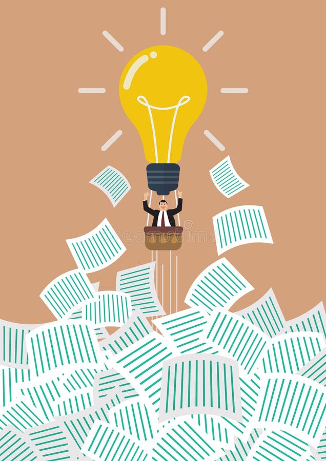 Businessman on lightbulb balloon get away from a lot of document stock illustration