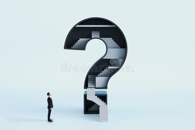 Businessman looking at abstract question mark with stairs inside on background. Challenge and career growth concept royalty free stock image