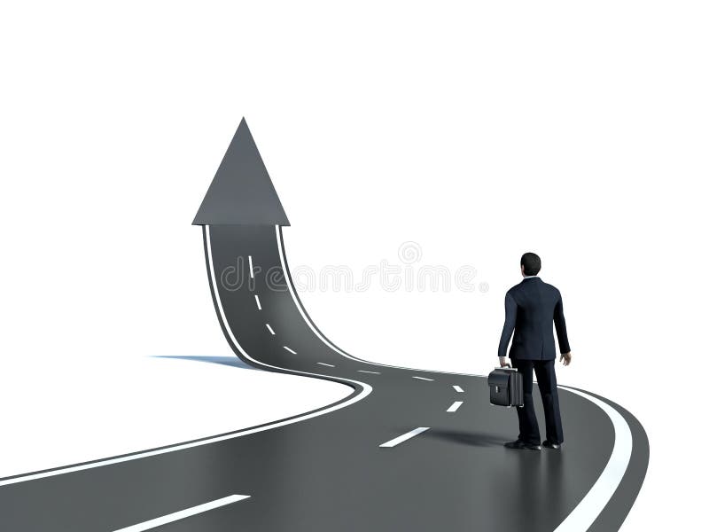 Businessman looking at 3d road upgoing arrow concept royalty free illustration Businessman looking at 3d road upgoing arrow concept royalty free illustration