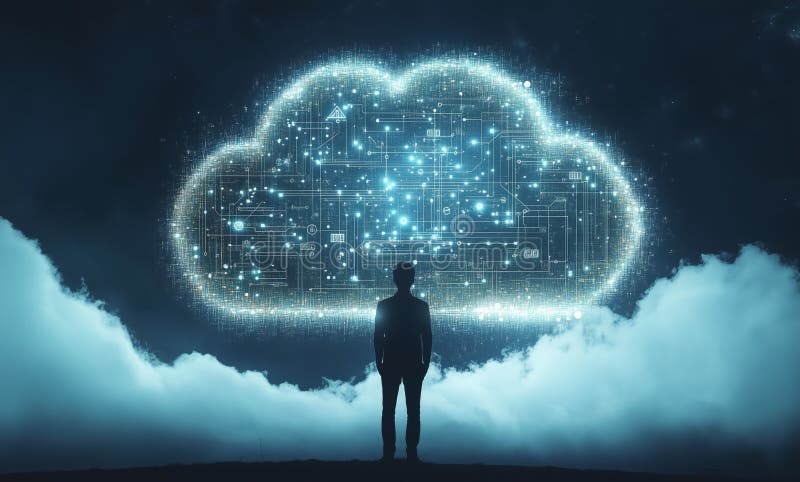 Businessman looking at futuristic cloud computing network in cyberspace royalty free illustration