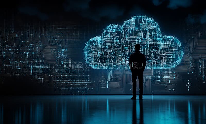 Businessman looking at futuristic cloud computing network stock illustration