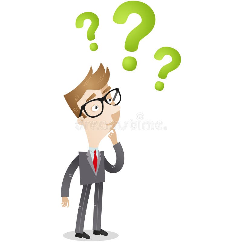 Businessman looking at question marks royalty free illustration Businessman looking at question marks royalty free illustration