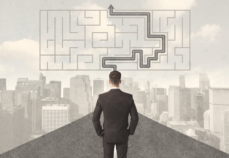 Businessman looking at road with maze and solution vector illustration Businessman looking at road with maze and solution vector illustration