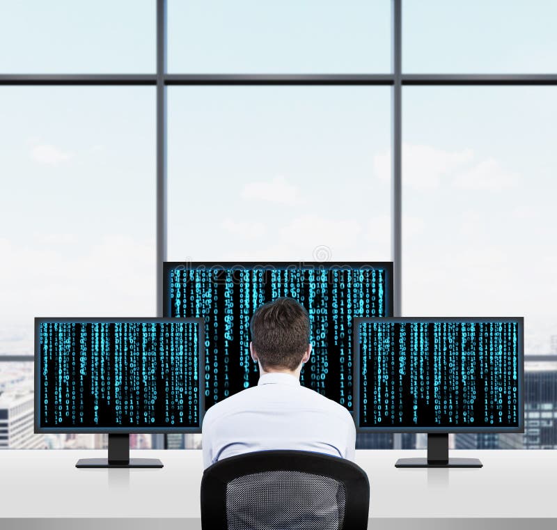 Businessman looking to three screen with matrix background. Businessman looking to three screen with matrix background
