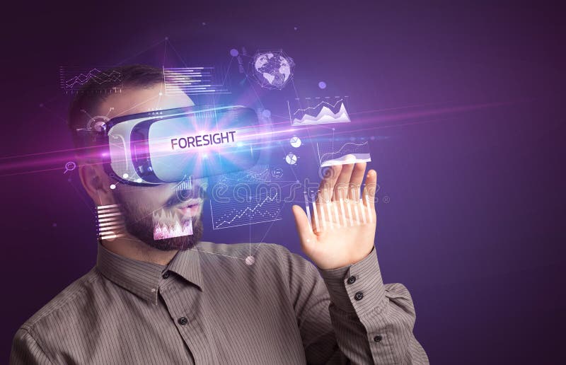 Businessman looking through Virtual Reality glasses with FORESIGHT inscription, new business concept