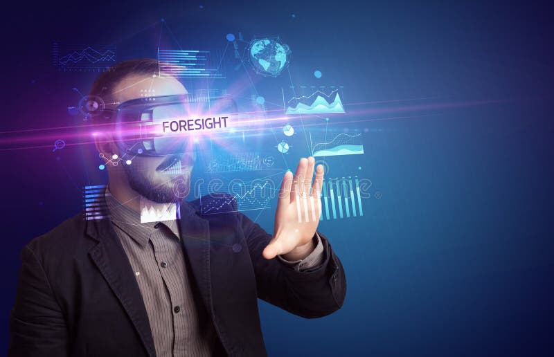 Businessman looking through Virtual Reality glasses with FORESIGHT inscription, new business concept