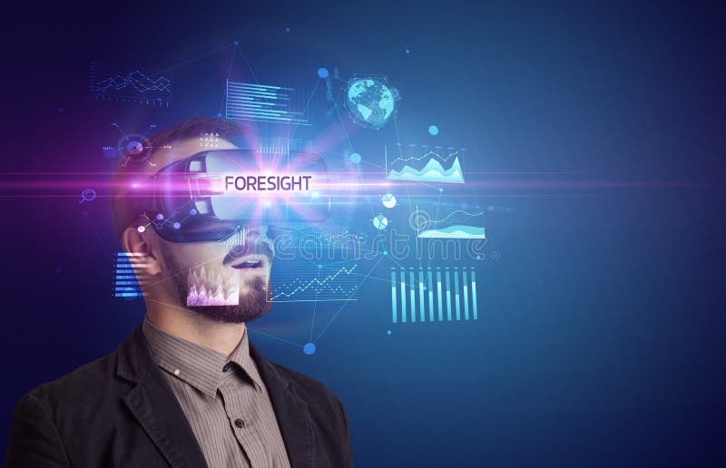 Businessman looking through Virtual Reality glasses with FORESIGHT inscription, new business concept