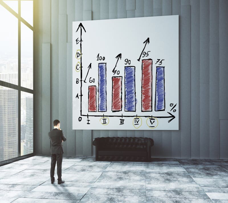 Businessman looks at the poster with business graph in modern room with leather sofa and big windows stock photography Businessman looks at the poster with business graph in modern room with leather sofa and big windows stock photography