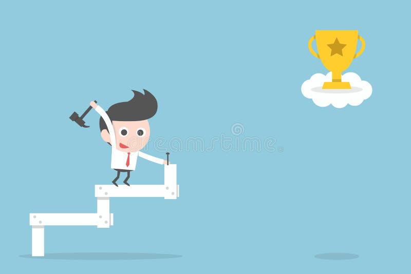 Businessman making stairs up to trophy, vector