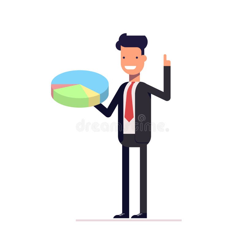 Businessman or manager with pie chart in hand. Man in a business suit presents graph of revenue growth. Vector royalty free illustration