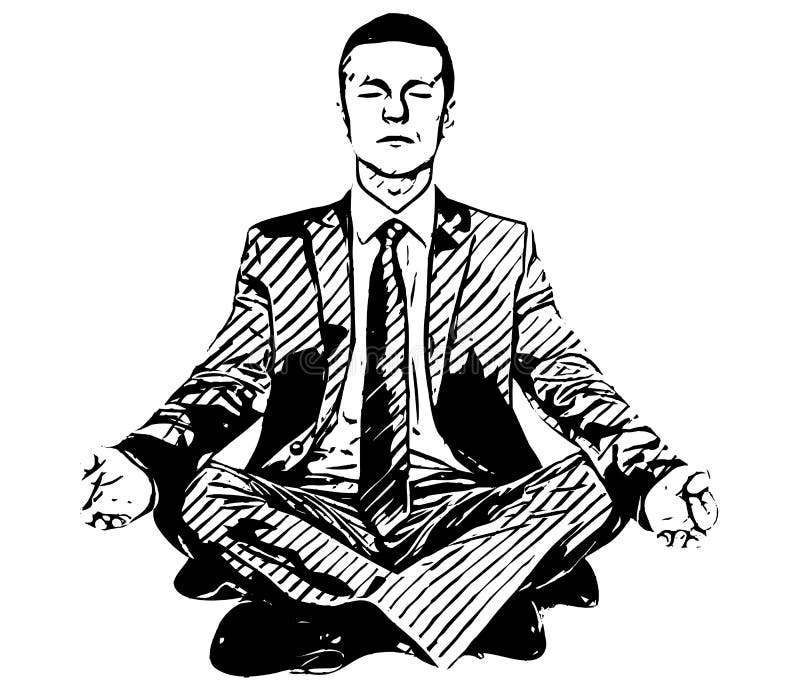 Businessman in suite meditating, black and white vector sketch. Employee wellness vectors