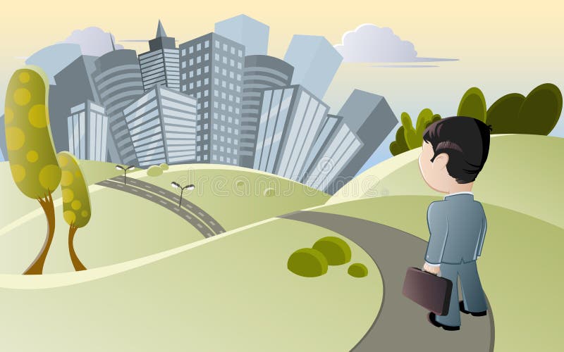 Cartoon illustration of businessman with briefcase on pathway through park or countryside with modern city skyline in background. Cartoon illustration of businessman with briefcase on pathway through park or countryside with modern city skyline in background.