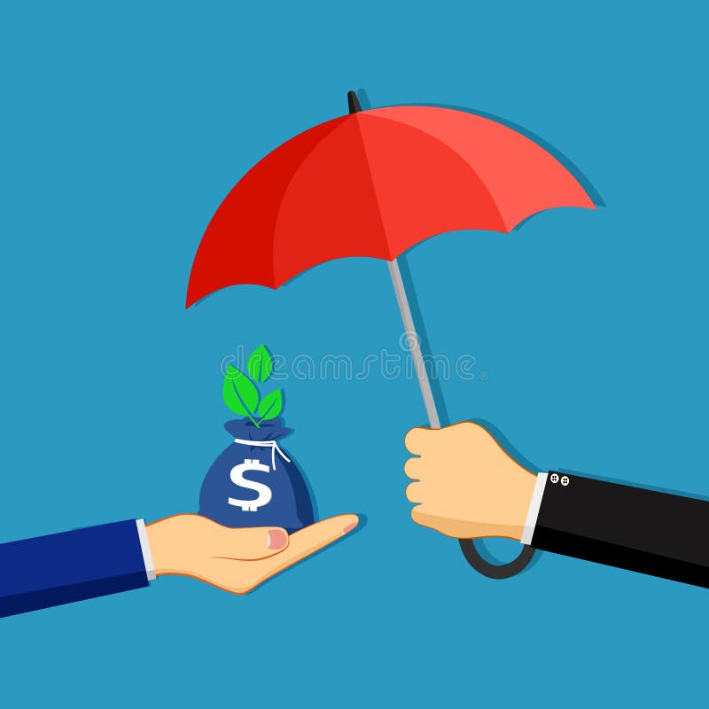 A businessman opens an umbrella to protect a bag of money. concept of protecting money vector illustration
