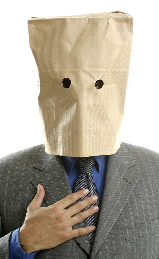 Businessman with paper bag in head.