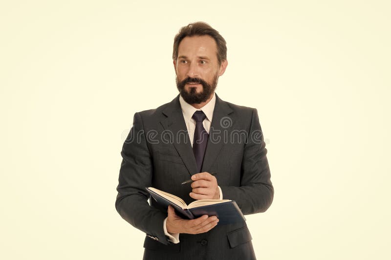 Businessman planning business schedule with notepad. Time management and organizing skill. Man bearded manager face create plan. Successful businessman planning isolated white. Office manager wanted.