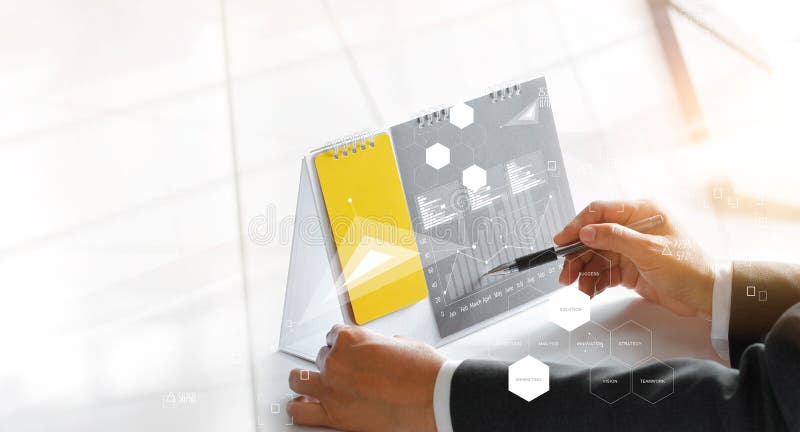 Businessman planning strategy for marketing with icon stock photos