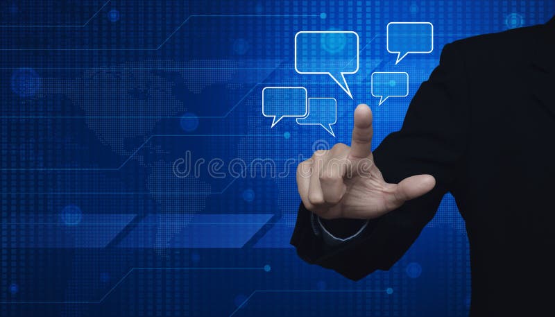 Businessman point to social chat sign and speech bubbles over digital world map technology style, Social network concept, Elements of this image furnished by NASA