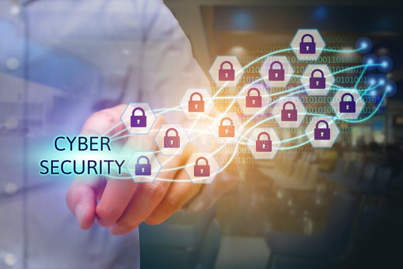 Businessman pointing cyber security text with lock icon. royalty free stock images