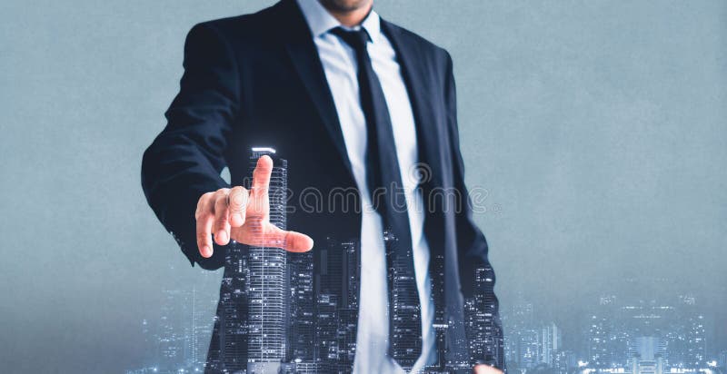 Businessman pointing finger, touching virtual screen double exposure with city skyline, business concept stock images Businessman pointing finger, touching virtual screen double exposure with city skyline, business concept stock images