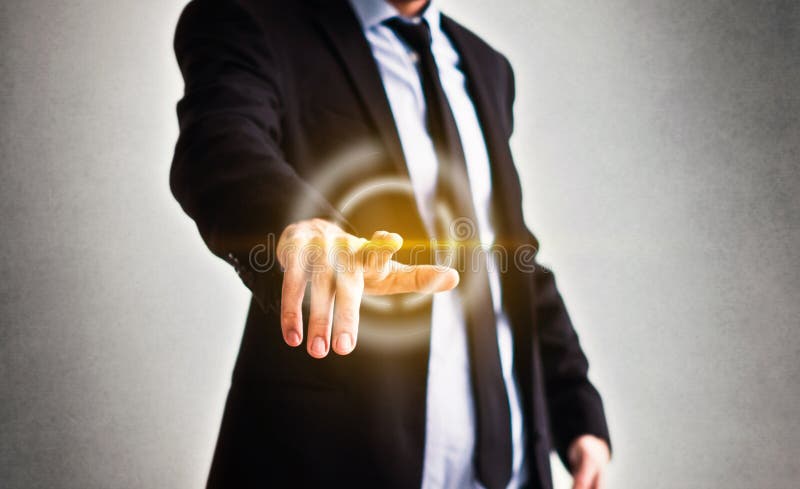 Businessman pointing with finger on virtual screen - technology in business concept stock photos Businessman pointing with finger on virtual screen - technology in business concept stock photos
