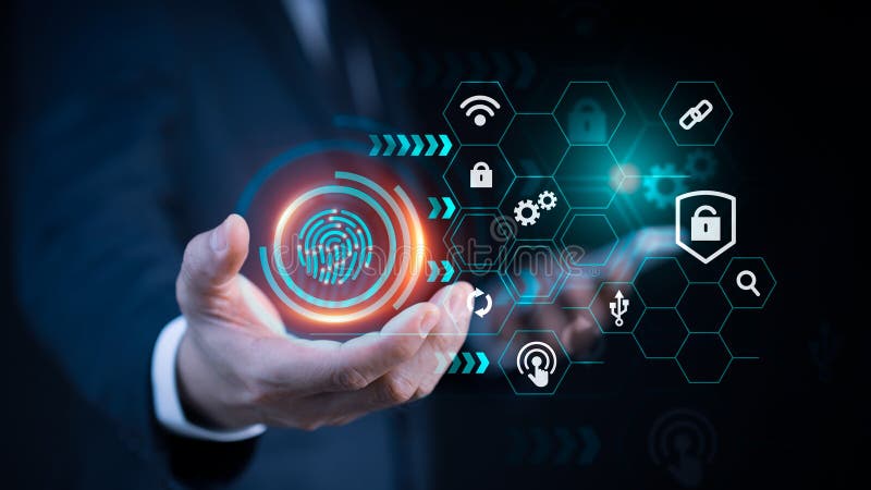 A businessman points to a shield protect sign, which might be for computer virus deletion, insurance, or an internet firewall. The royalty free stock image