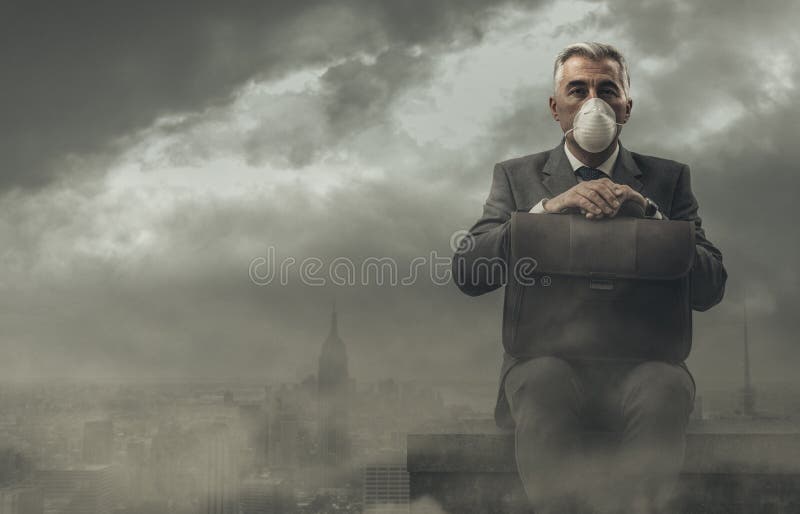 Businessman and polluted city