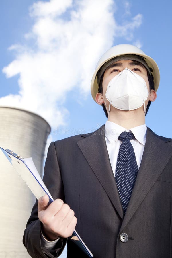 Businessman at Power Plant with Face Mask Stock Photo Image of