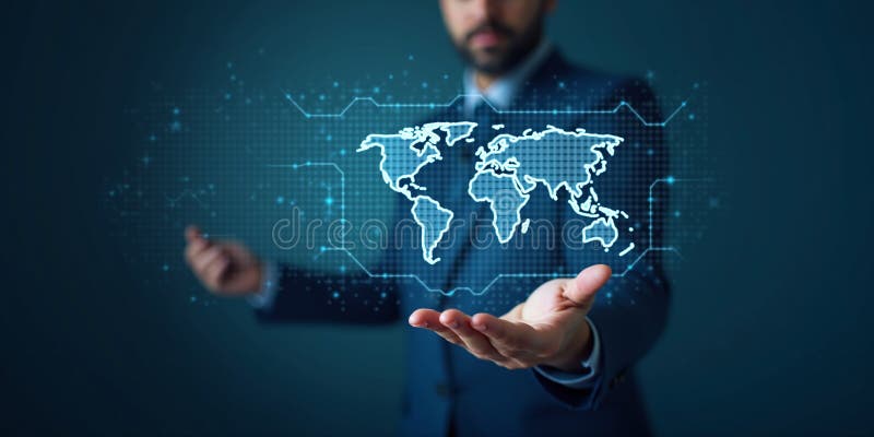 Businessman Presenting Futuristic World Map vector illustration