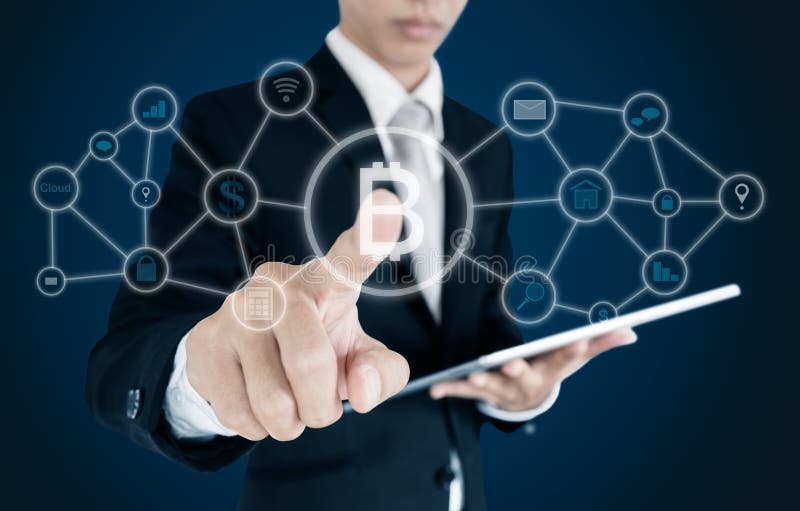 Businessman pressing on virtual interactive screen, Blockchain technology and cryptocurrency. Futuristic virtual screen interface technology stock images, royalty-free photos and pictures