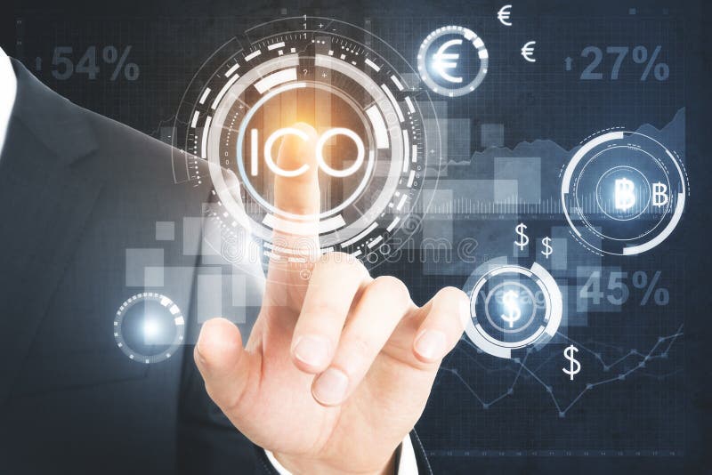 Businessman pressing abstract glowing digital currency button ICO initial coin offering on virtual digital electronic user interface. Finance concept. 3D Rendering. Glowing analytics stock images, royalty-free photos and pictures