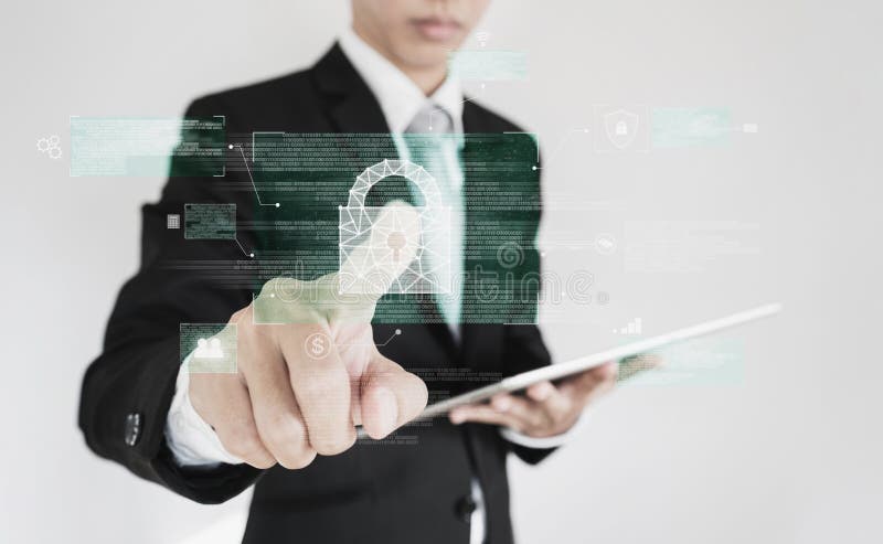 Businessman pressing on digital lock icon on screen. Business data security system technology royalty free stock images