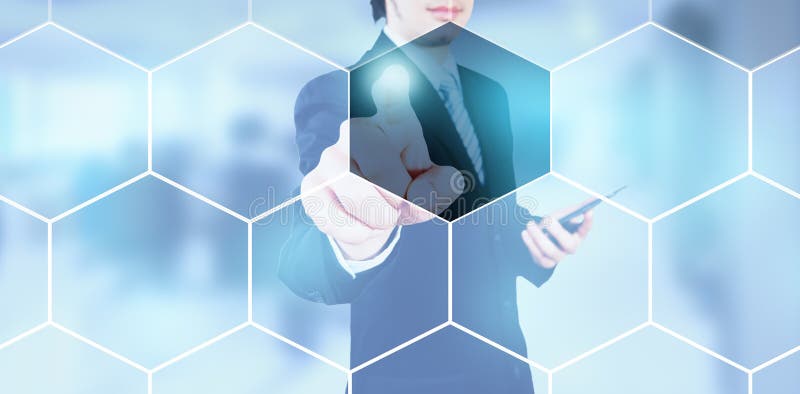 Businessman pressing on digital screen, vector illustration Businessman pressing on digital screen, vector illustration