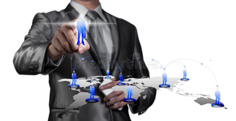 Businessman pressing on digital virtual screen, human resource m royalty free stock photo