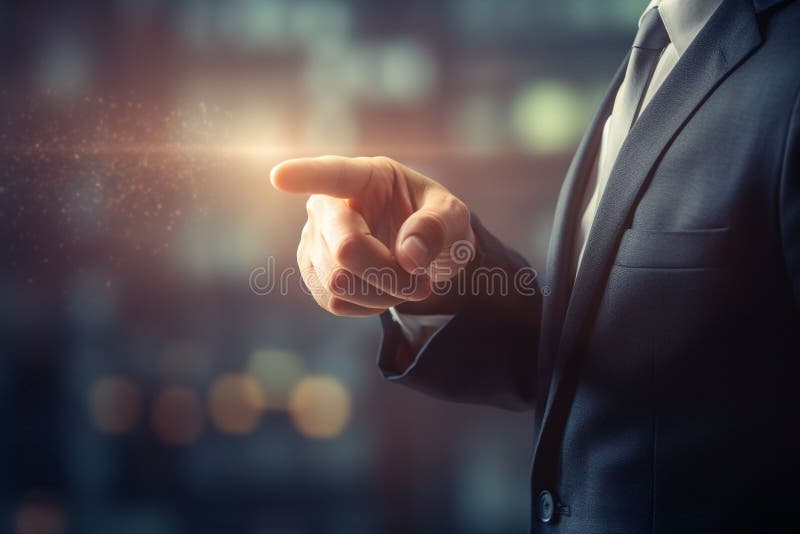 Businessman pressing finger on touch screen, pressing virtual screen Side view of businessman touchi stock images