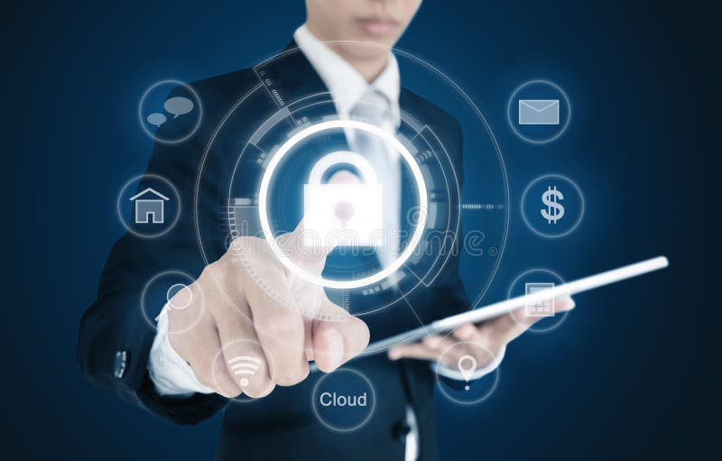 Businessman pressing lock icon on virtual screen. Internet and cyber business security system concept stock image