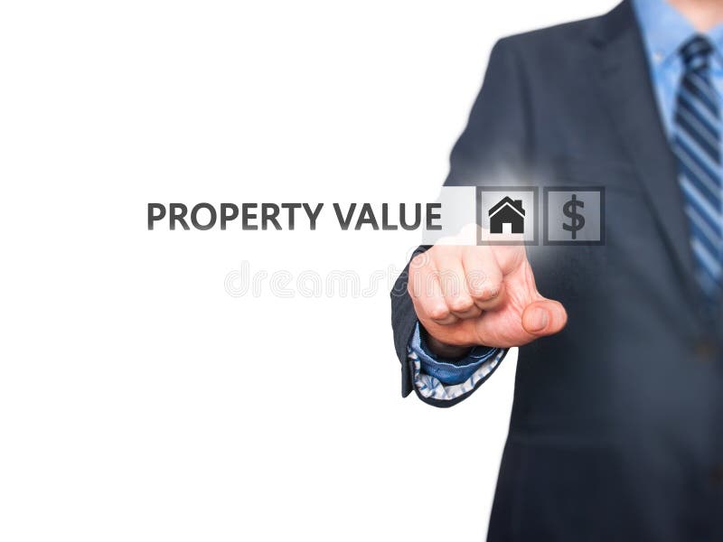 Businessman pressing Property Value button on virtual screens stock images Businessman pressing Property Value button on virtual screens stock images
