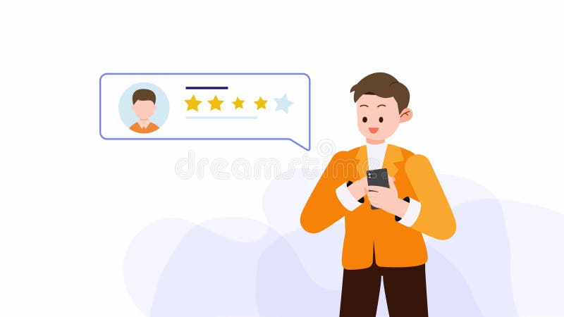 Businessman pressing smartphone with four stars rating Animation. Young Man satisfied customers give rating stars