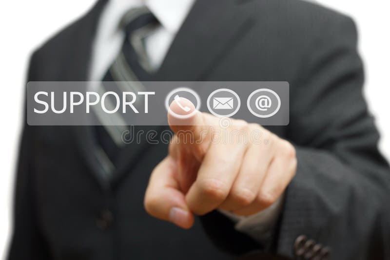 Businessman pressing virtual ( mail,phone,email ) buttons. royalty free stock photos