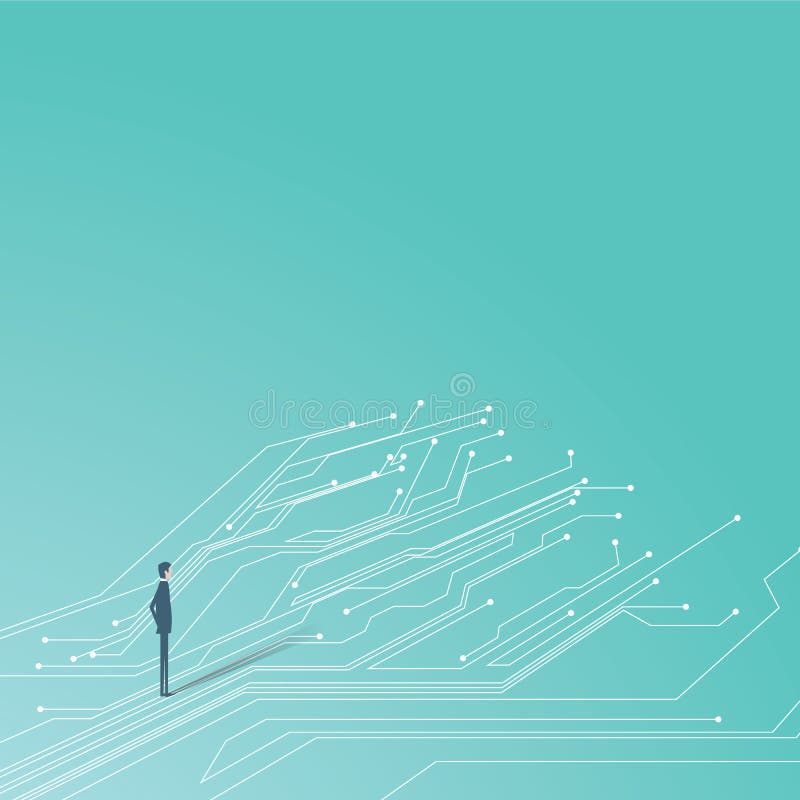 Businessman and printed circuit board lines running on the ground. Symbol of technology and business. vector illustration