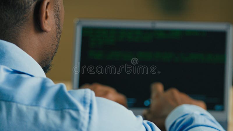 Businessman IT programmer hacker man developing software digital java app typing code on computer web screen coding data royalty free stock images