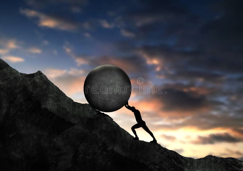 Businessman pushing concrete big stone uphill. man push hardly the concrete circle up to the top of mountain